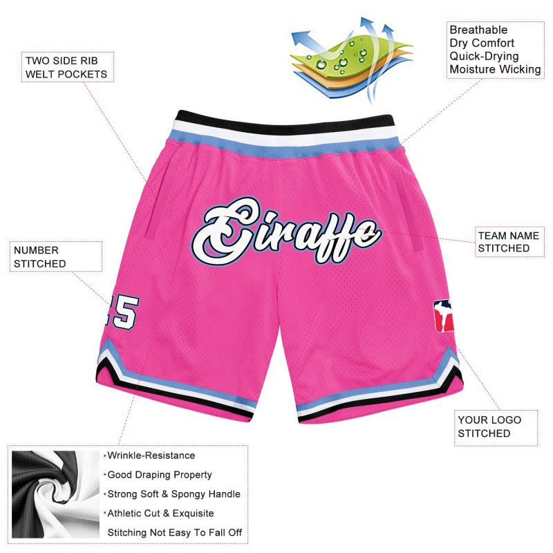 Men's Custom Pink White-Light Blue Authentic Throwback Basketball Shorts