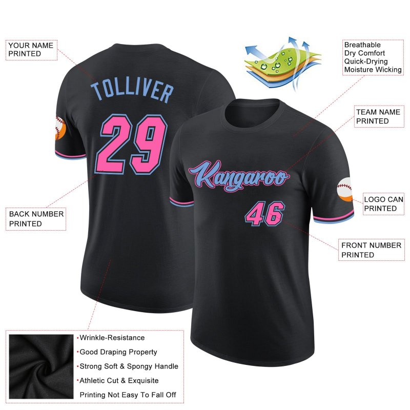 Men's Custom Black Pink-Light Blue Performance T-Shirt