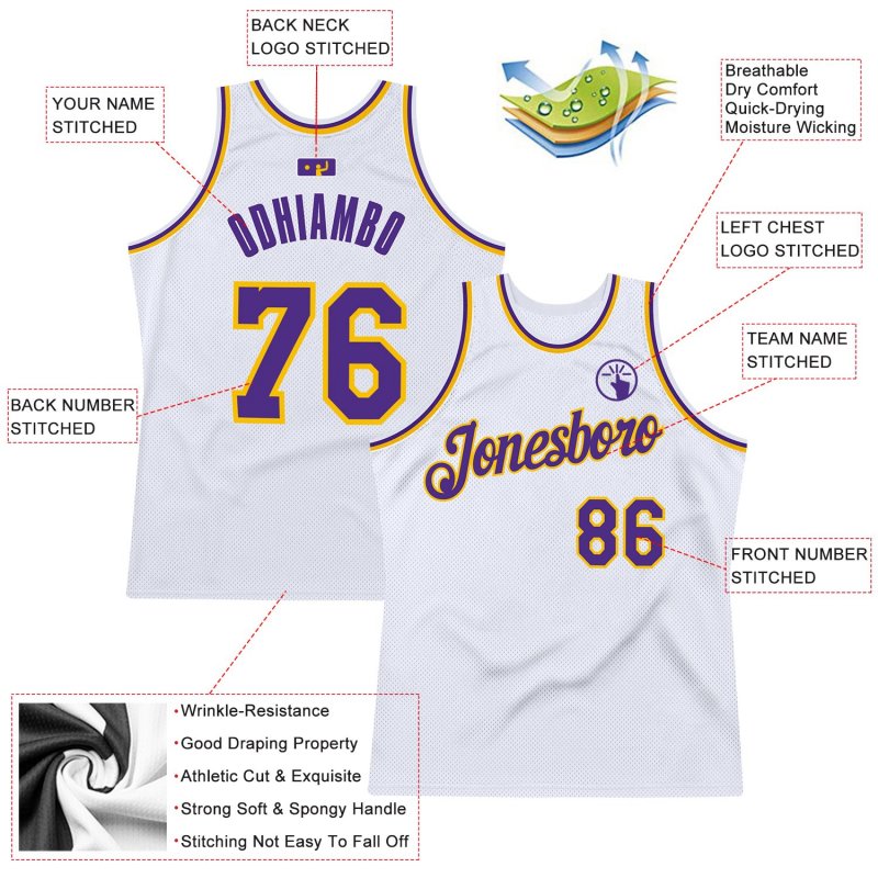 Men's Custom White Purple-Gold Authentic Throwback Basketball Jersey
